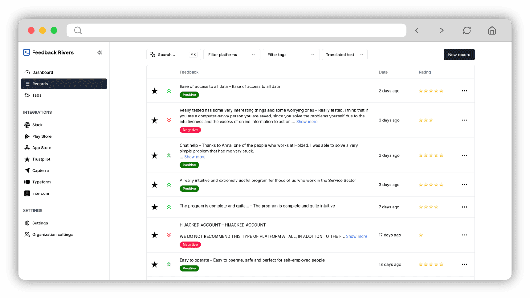 Slack mock page with Feedback Rivers installed