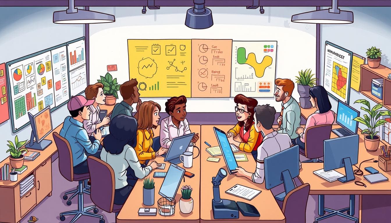 A vibrant and dynamic workspace featuring diverse professionals engaging in a collaborative brainstorming session, surrounded by colorful charts and diagrams on the walls, with an open layout that includes various workstations, tools, and technology showcasing teamwork and innovation.